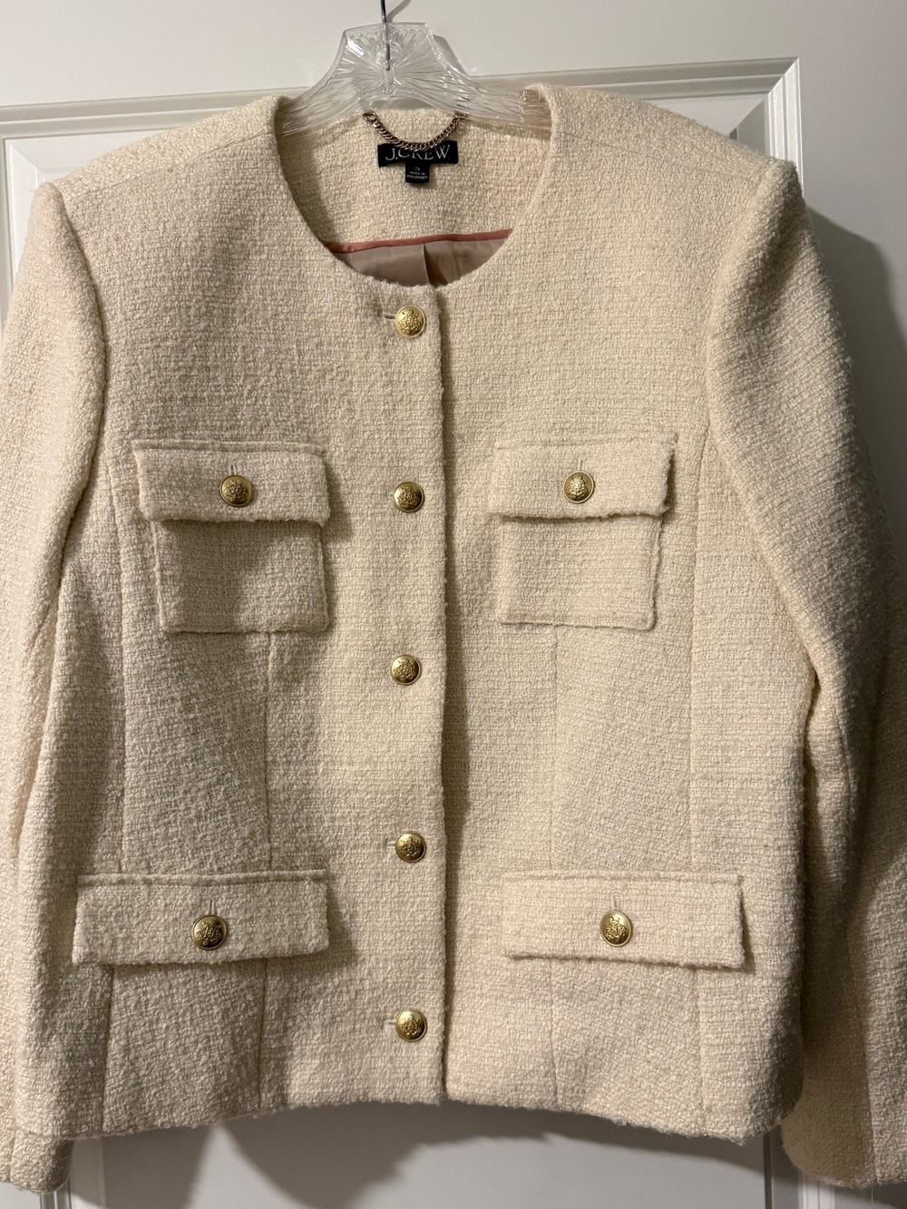 J. Crew Cream Tweed Button-Front Pocket Jacket